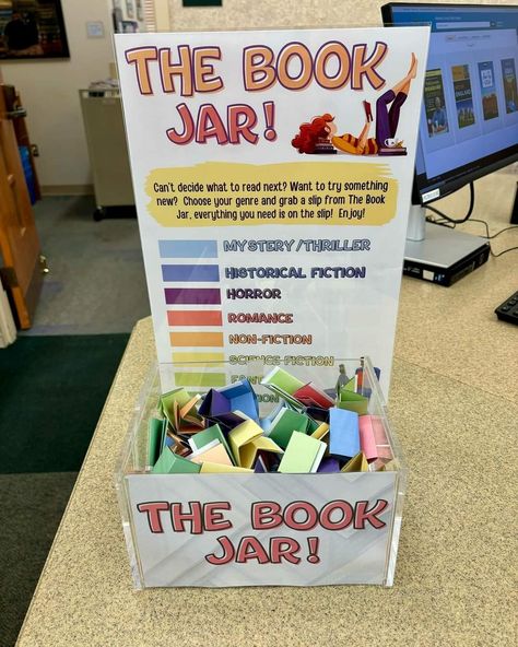 School Library Classroom Management, Library Space Ideas, New Book Signs For Library, Library Book Recommendation Display, Library Giveaway Ideas, Library Celebration Ideas, Library Cricut Ideas, High School Library Book Displays, September Library Book Displays