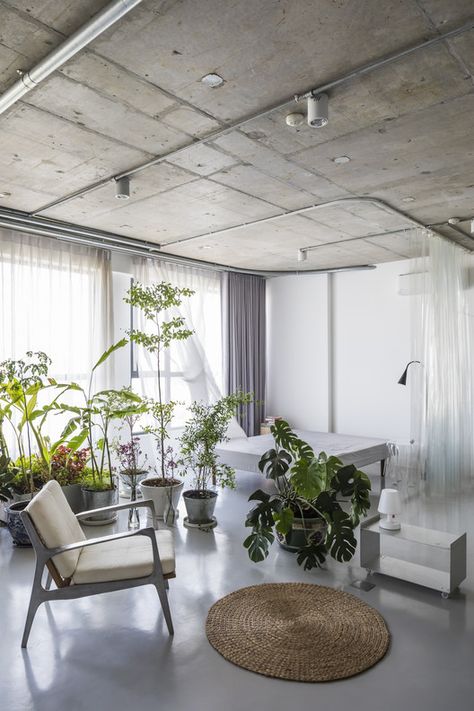 Bare Ceiling Design, Concrete Floors Apartment, Low Ceiling Apartment Interior Design, Concrete Floor Studio Apartment, Apartment With Glass Wall, Concrete Ceiling Apartment, Apartment Curtains, Mini Loft, Industrial Living