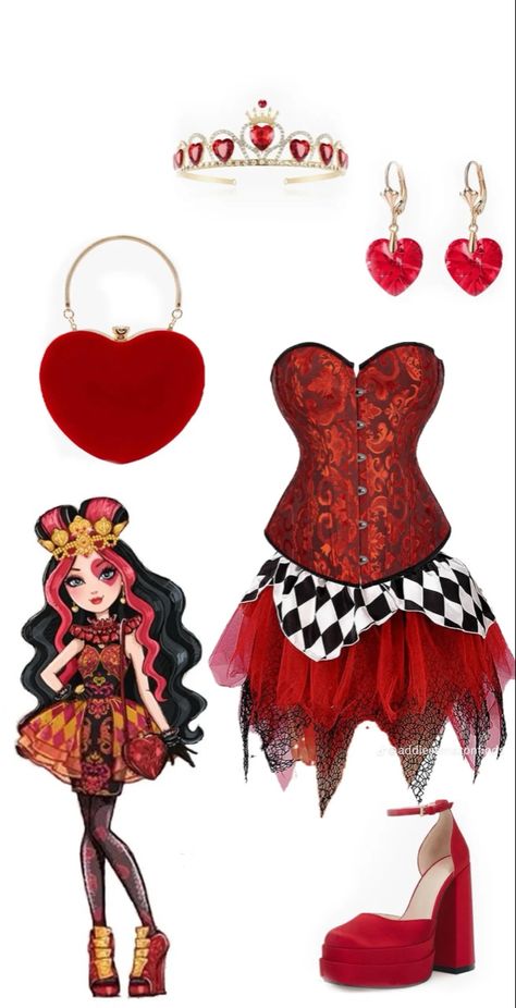 Costumes With Red Corset, Hot Queen Of Hearts Costume, Queen Of Hearts Dance Costume, Halloween Queen Of Hearts Costume, Lizzie Hearts Costume, Queen Of Hearts Costume Halloween, Lizzie Hearts Outfit, Red Costume Ideas, Red Queen Halloween Costume