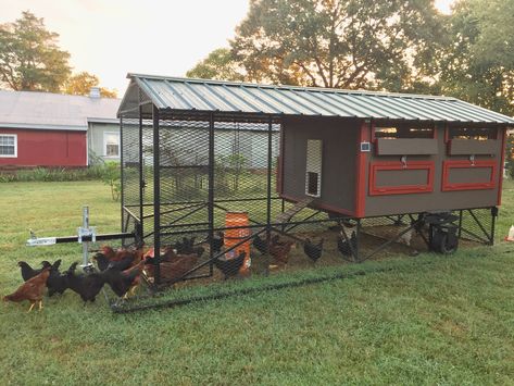 Chicken Tractor Coop. This is a 6x16' Chicken Tractor. The wheels raise and lower so you can move it around. It has a Auto solar Door, 6 egg laying compartments, Feed and storage on left side, easy clean out door on back. Floor is fiberglass coated for life time rot resistance and easy clean out. Vented windows and roof system. Price $5000 Chicken Coop On Wheels, Mobile Chicken Coop, Cute Chicken Coops, Egg Laying Chickens, Chicken Coup, Backyard Poultry, Backyard Chicken Coop Plans, Chicken Tractor, Chicken Tractors