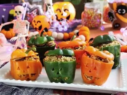 Jack-O’-Lantern Jambalaya Stuffed Peppers Recipe | Kardea Brown | Food Network Jambalaya Recipes, Lighter Meals, Kardea Brown, Veggie Recipe, Brown Food, Brown Recipe, Holiday Dishes, Beef Sausage, Cream Filling