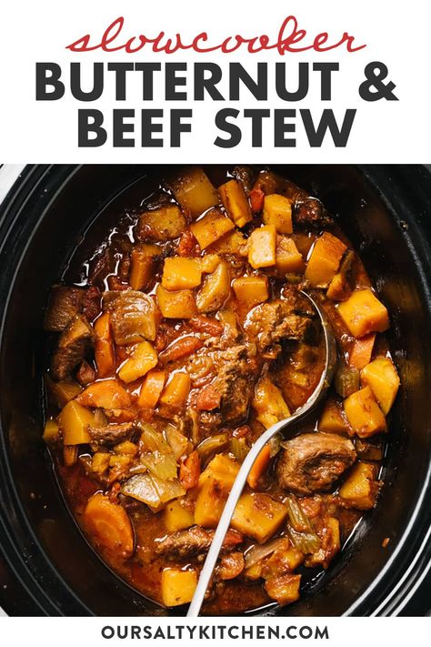 Swap white potatoes for butternut squash to transform standard beef stew into a whole new experience. Cooked low and slow in your crockpot, the beef is fall apart tender with perfectly cooked vegetables in a seasoned gravy. Just a few simple substitutions create a healthy, paleo and Whole30 approved slow cooker beef stew that's both hearty and incredibly nutritious. #crockpot #slowcooker #whole30 #paleo #whole30stew #paleorecipes Beef And Butternut Squash Stew Slow Cooker, Beef Stew Butternut Squash, Paleo Dinners Crockpot, Healthy Slow Cooker Stew, Healthy Crockpot Recipes Vegetables, Butternut Squash Whole 30 Recipes, Fall Stews And Soups Crockpot, Fall Dinner Recipes Slow Cooker, Beef Butternut Squash Stew