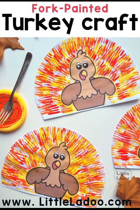 Turkey Craft with fork Painting Paint Turkey Craft, Thanksgiving Sensory Table Preschool, Fork Turkey Craft, Turkeys Preschool Crafts, Turkey Craft With Kids Face, Thanksgiving Craft Toddler Easy, Thanksgiving Art For Kindergarteners, Thanksgiving Food Preschool Activities, Turkey Party Ideas