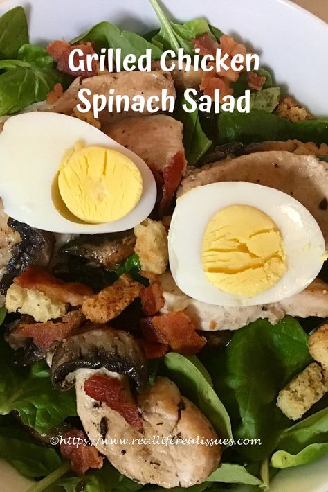 Grilled Chicken Spinach Salad | | Real Life Real Issues Grilled Chicken Spinach Salad, Chicken Spinach Stuffed, Chef Poses, Chicken Spinach Salad, Salad Recipes Pasta, Warm Bacon Dressing, Recipes Pasta Salad, Mediterranean Salad Recipe, Spinach Salad With Chicken