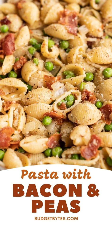 Pasta with Bacon and Peas is a quick, satisfying, and inexpensive meal that you can make with ingredients that you can keep on hand. BudgetBytes.com Pasta With Bacon, Hotdish Recipes, Quick Pasta Recipes, Quick Pasta, Macaroni Recipes, Budget Bytes, Soy Free Recipes, Bacon Pasta, Inexpensive Meals