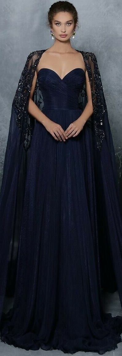 Midnight Blue Evening Gown, Celestial Dress Gowns, Night Court Dress, Night Court Fashion, Starfall Ball, Dark Blue Gown, Midnight Blue Gown, Debut Gowns, Blue And Gold Dress