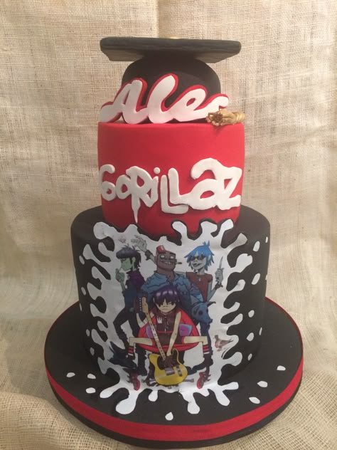 Gorillaz themed cake Gorillaz Birthday Party, Gorillaz Birthday Cake, Gothic Birthday Cakes, Gorillaz Band, Gorillaz Fan Art, Anime Cake, Cricut Birthday, Monkeys Band, Gorillaz Art