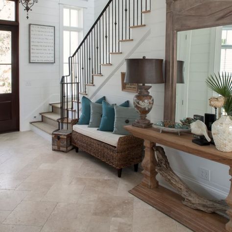 Beige Porcelain Tile, French Country Front Porch, Entryway Tile, Wall Bench, Small Entryways, Tile Flooring, Tone On Tone, Pink Interior, Porcelain Tiles