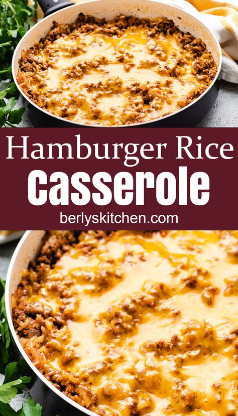 Hamburger Rice Casserole is an easy, cheesy, one-pan meal that's made with ground beef, onions, rice, savory seasonings, and topped with plenty of melted cheese. #berlyskitchen Cheese Ground Beef Rice Casserole, Homemade Hamburger Helper With Rice, Hamburger Over Rice, Cheesy Beef Rice, Ground Meat And Rice Casserole, Ground Beef Recipes And Rice, Ground Meat Rice Recipes, Cheesy Beef Rice Casserole, Foods With Hamburger Meat