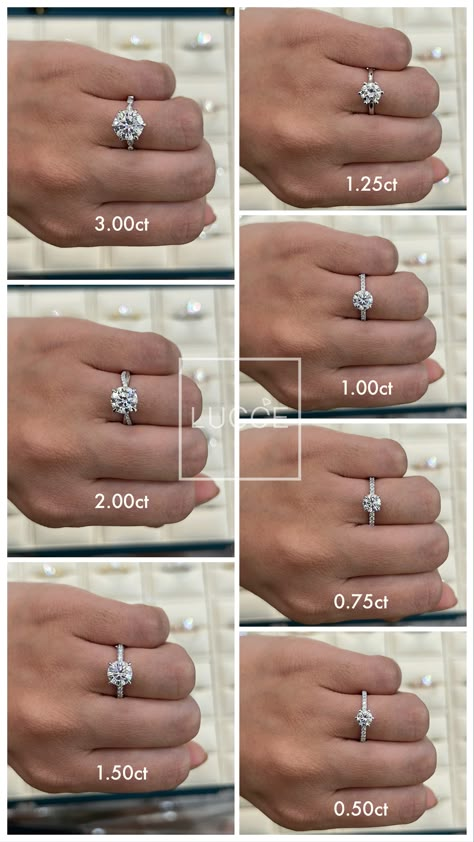 Engagement Ring Carat Size Chart, Wedding Rings Carat Size, Engagement Ring Band Size, Round Diamond Carat Sizes, Carat Ring Size Chart, Diamond Ring Size, Wedding Ring Carat Size, .75 Ct Engagement Ring, Ring Karat Sizes