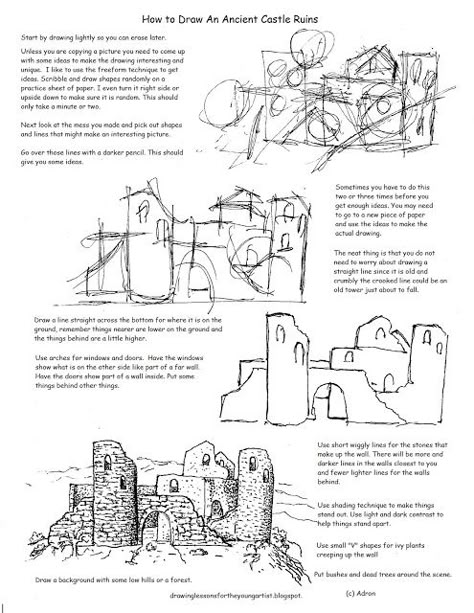 Printable How To Draw The Castle Ruins Worksheet Sketch Free, Castle Drawing, Some Drawings, Medieval Architecture, Art Worksheets, Castle Ruins, Fantasy Map, Poses References, Landscape Drawings