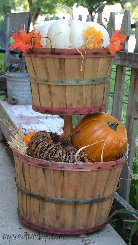 If you are looking for easy DIY Fall Decor Tutorial for your home, click over to see how to make this cute tiered bushel basket to fill with pumpkins and gourds. Candy Sled, Christmas Tree In Basket, Easy Diy Fall Decor, Bushel Baskets, Pumpkin Bowls, Crochet Coffee, Fake Pumpkins, Pumpkin Topiary, Old Baskets