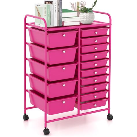 PRICES MAY VARY. [Home Office Storage]: Contains 5 large drawers and 10 medium drawers, providing ample space for crafts, sewing materials, paper, pencils, scissors, buttons, and more. The mesh top serves as an extra workspace to hold photo frames, books, potted plants, and cosmetics. [Hassle-Free Assembly]: Easily install the storage trolley with drawers with labeled accessories and clear instructions. Part K comes pre-installed on wheels for effortless installation. Please make sure Part K is Pink Tool Chest, Cart Organizer, Drawer Cart, Mobile Cart, Metal Handrails, Organization Cart, Sewing Materials, Rolling Storage Cart, Craft Cart