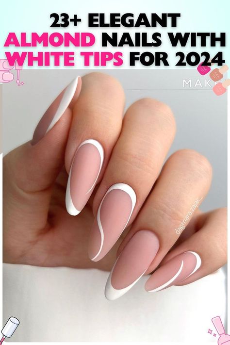 "Creative almond nails with a unique white swirl French tip design in acrylic, ideal for artistic showcases or fashion events. The matte finish on these medium-length nails adds a contemporary touch. Keyword: white French tip almond nails." White French Tip On Almond Nails, Medium Sharp Almond Nails, Almond French Manicure Designs, Diagonal French Tip Nails Almond, Creative Almond Nails, White French Nails With Designs, Almond Shape French Tip Nails, French Tip Almond Nails With Design, White French Tip Almond Nails