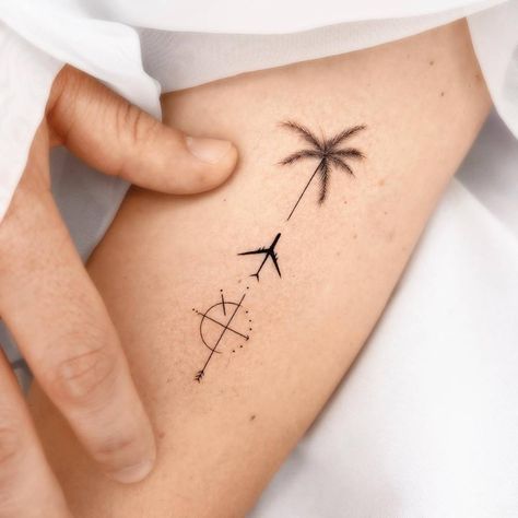 Fine Line Palm Tree Tattoo, Evergreen Tattoo, Trip Tattoo, Plane Tattoo, Minimalistic Tattoo, Airplane Tattoos, Tropical Palm Trees, Travel Tree, Palm Tree Tattoo