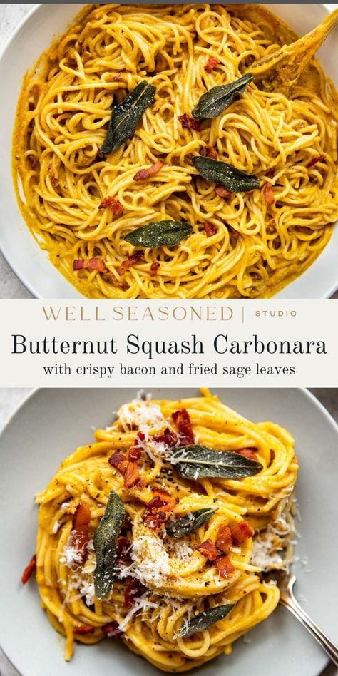 My Creamy Butternut Squash Carbonara is a go-to recipe for fall! We're elevating a traditional Italian carbonara recipe with a creamy, rich butternut squash sauce flavored with onion, garlic, and fresh sage. The sauce is thickened with grated Parmigiano Reggiano, lots of black pepper, and fresh egg yolks, then tossed with crispy bacon or pancetta. Fall comfort food and perfect for a family pasta dinner at home! #wellseasonedstudio #carbonara #butternutsquash #pasta #carbonararecipe Butternut Squash Prosciutto Pasta, Butternut Squash Brown Butter Sage Pasta, Pumpkin Carbonara, Butternut Squash Carbonara, Italian Carbonara Recipe, Butternut Pasta, Cheesy Butternut Squash, Italian Carbonara, Spaghetti Squash Carbonara