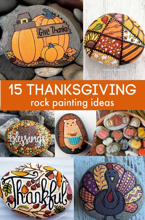 15 Thanksgiving rock painting ideas. Great ideas for fall lainted rocks and Thanksgiving painted rocks. Tree Rock Painting Ideas, Thanksgiving Rock Painting, Fall Painted Rocks, Rock Tutorial, Colorful Crafts, Rock Painting Supplies, Abstract Art Projects, Fall Rock, Rock Painting Ideas