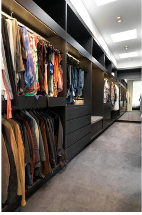 Linear closet Long Narrow Closet, Narrow Closet Design, Walk In Wardrobe Design, Narrow Closet, Highly Organized, Glam Closet, Small Walk In Closet, Contemporary Closet, Organized Closet