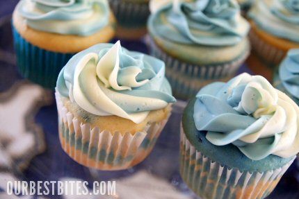 Tutorial to make 2-color frosting for cupcakes - just use 2 pastry tubes inside a 3rd one that you've attached a coupler and decorative tip to and you're in business! Two Tone Icing Cupcakes, Blue Icing Cupcakes, 2 Tone Frosting Cupcake, Baby Boy Shower Cupcake Ideas, Sky Blue Cupcakes, Blue Ombre Cupcakes, Blue Swirl Cupcakes, Blue And White Swirl Cupcakes, Chocolate Cupcakes With Blue Frosting