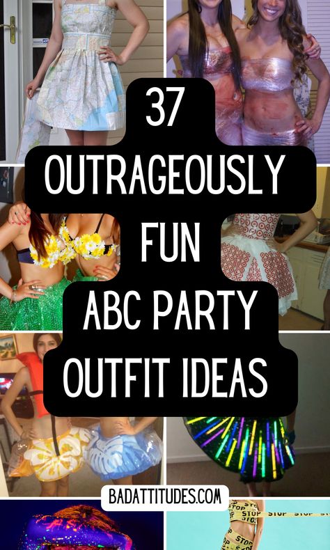 37 OUTRAGEOUSLY FUN ABC PARTY OUTFIT IDEAS - fun and genius ideas for your anything but clothes party S Themed Party Costumes, Anything But Clothing Party Outfits, Nothing But Clothes Party Ideas, Everything But Clothes Party Outfit, Everything But Clothes Party, New Years Eve Costume Ideas, Abc Outfits Party Ideas, Anything But Clothes Party Ideas Diy, Anything But Clothes Party Ideas For Men