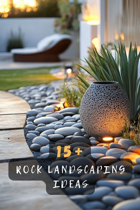 Upgrade your outdoor space with these 15 stunning rock landscaping ideas! From elegant rock gardens to pathways, water features, and modern designs, these tips will inspire your next landscaping project. Click now to explore the possibilities! 🌿✨ #RockLandscaping #OutdoorDesign #GardenInspo #BackyardIdeas #LandscapeGoals #ModernLandscaping #GardenTrends Rock Trail Backyard, Rock Planters Ideas, Rock Border Around Patio, Pebbles Landscaping Ideas, Raised Landscape Border Ideas, All Rock Front Yard, Black Pebble Landscaping, Garden Pebbles Landscaping, Pebble Rock Landscaping