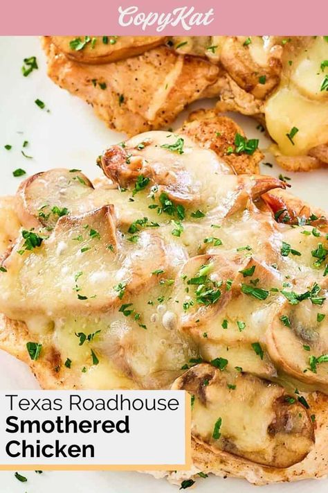 Get ready to recreate a steakhouse favorite in your kitchen with this easy copycat Texas Roadhouse Smothered Chicken recipe! This succulent dish features tender chicken breasts seasoned and cooked to perfection then generously topped with sauteed mushrooms, onions, and Jack cheese. It’s a medley of flavors and textures that's truly irresistible. Each bite is a comforting, hearty experience. Get the easy recipe and find out how to make the best smothered chicken like Texas Roadhouse. Smothered Chicken With Cheese, Smothered Chicken With Peppers And Onions And Cheese, Smothered Chicken With Peppers And Onions, Texas Roadhouse Smothered Chicken, Smothered Chicken With Mushrooms, Cracker Barrel Chicken And Dumplings Recipe, Roadhouse Recipes, Smothered Chicken Recipe, Chicken Rollatini