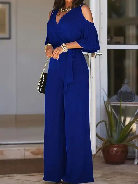 Jumpsuit Elegant Classy, Off Shoulder Romper, Solid Jumpsuit, Stylish Jumpsuit, Wide Leg Romper, Jumpsuit Elegant, Short Sleeve Jumpsuits, Blue Jumpsuits, Wardrobe Outfits