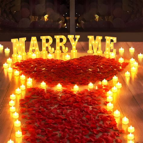 PRICES MAY VARY. 🌹【MARRY ME Light Up Set】You will get 7 LED letter lights “M-A-R-R-Y M-E”, 24 pcs LED candles, 2000 pcs artificial rose petals. Warm and elegant lighting, increase romantic atmosphere, make your proposal ceremony more romantic and unforgettable. 🌹【Easy to Use】The MARRY ME sign and tea candles are powered by the battery (MARRY ME sign not include battery, tea candles include battery). There is no need to worry about not having a power source nearby which will affect your proposa Proposal Decorations, Marry Me Sign, Proposal Romantic, Night Decor, Fake Candles, Surprises For Her, Light Up Letters, Wedding Proposals, Light Letters