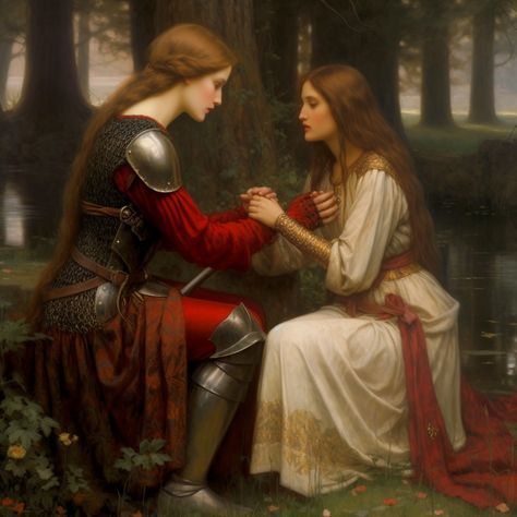 Wlw History Art, Sapphic Fairy Art, Sapphic Classic Art, Medieval Sapphic Aesthetic, Wlw Knight And Princess Aesthetic, Sapphic Knight And Princess, Princess And Female Knight, Female Knight Painting, Lesbian Knight And Princess Art