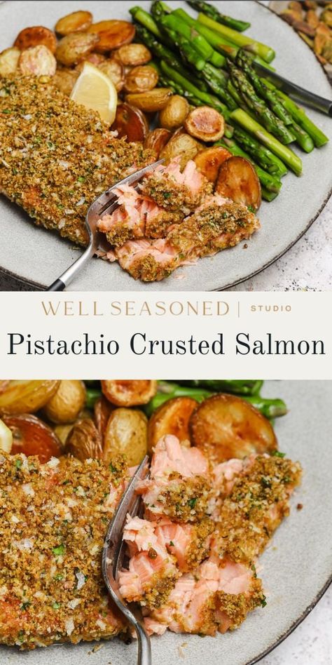 Honey Pistachio Crusted Salmon, Salmon Recipes Crusted, Salmon With Pistachio, Pistachio Salmon Baked, Salmon With Pistachio Crust, Pistachio Salmon Recipes, Pistachio Crusted Salmon Recipes, Pistachio Crusted Fish, Potato Crusted Salmon