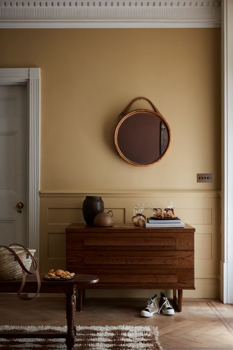 Gold Paint Colors, Interior Paint Finishes, Warm Neutral Paint Colors, Hallway Inspiration, Neutral Paint Color, Little Greene Paint, Neutral Paint, Brown Walls, Yellow Walls