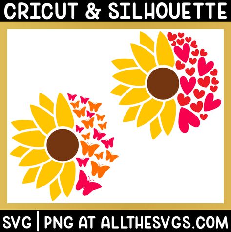 Sunflower Circuit Ideas, Cricut Sunflowers Templates, Sunflower Cricut Template, Sunflower Butterfly Svg, Free Sunflower Mandala Svg Files For Cricut, Half Sunflower Svg, Half Butterfly, Brown Sunflower, Half Sunflower