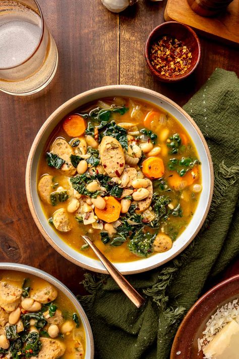 Bean Kale Soup, Sausage White Bean, Kidney Bean Soup, Kale And Bean Soup, White Bean Kale, White Bean Kale Soup, Kielbasa Soup, Postpartum Meals, Sausage And Kale Soup