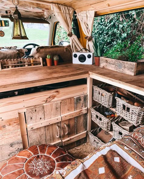 Van Life Interior Boho, Hippie Van Interior, Hippie Van Life, Combi Hippie, Yellow Kitchen Cabinets, Minivan Camper Conversion, Camper Interior Design, Campervan Life, Build A Camper Van