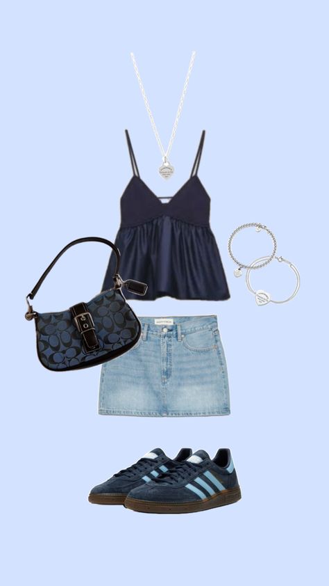 simple denim skirt silver jewelry outfit inspo Jean Skirt Concert Outfit, Cute Jean Skirt Outfits, Silver Jewelry Outfit, Cute Jean Skirt, Navy Blue Outfit, Jean Skirt Outfits, Denim Skirt Outfits, Italy Outfits, Outfit Collage