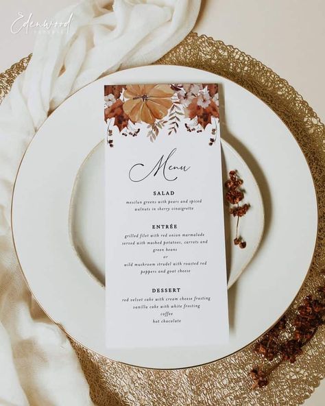 7 Reasons Why You Should Consider a Fall Wedding - LADY WEDDINGS Autumn Wedding Food Ideas, Fall Menu Design, Menu Card Design Wedding, Fall Wedding Menu, Printable Wedding Menu, Menu Card Template, Menu Wedding, Wedding Menu Template, Rustic Fall Wedding