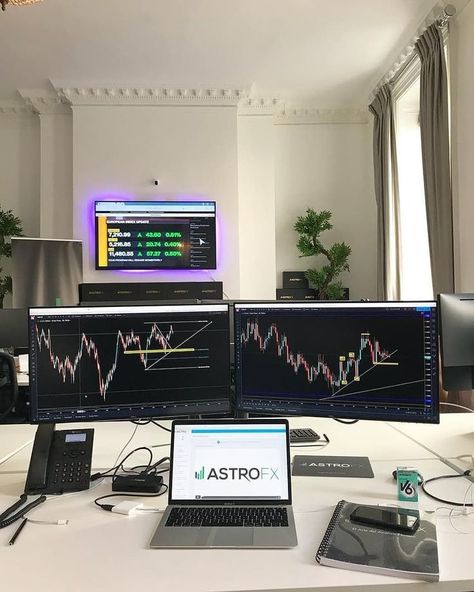 Aesthetic Work Space, Desk Wallpaper, Desk Home, Trading Setup, Organization Office, Stock Chart Patterns, Space Organization, Trading Desk, Tech Aesthetic