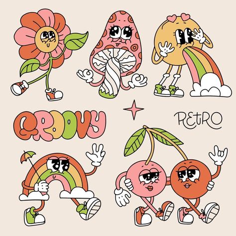 Cute Retro Illustration, 60s Cartoons Style, Gen Z Doodles, Flower Mushroom Drawing, Funky Sticker Ideas, Retro Mushroom Illustration, Flower Cute Illustration, Mushroom Cartoon Character, Groovy Design Graphic