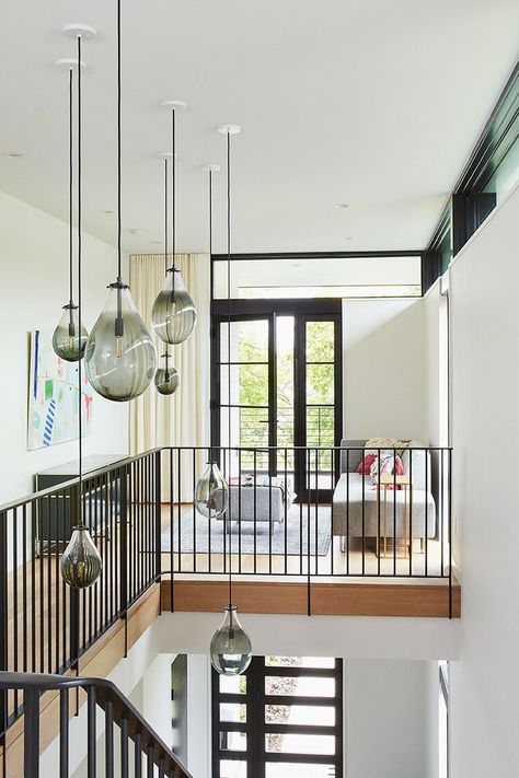 Lake Calhoun Modern Page — Brooke Voss Design Modern Stairway Chandelier, Dusty House, Harvey House, Modern Georgian, Homes Ideas, Classic Chandeliers, Farm House Colors, Lake Home, Lan Can