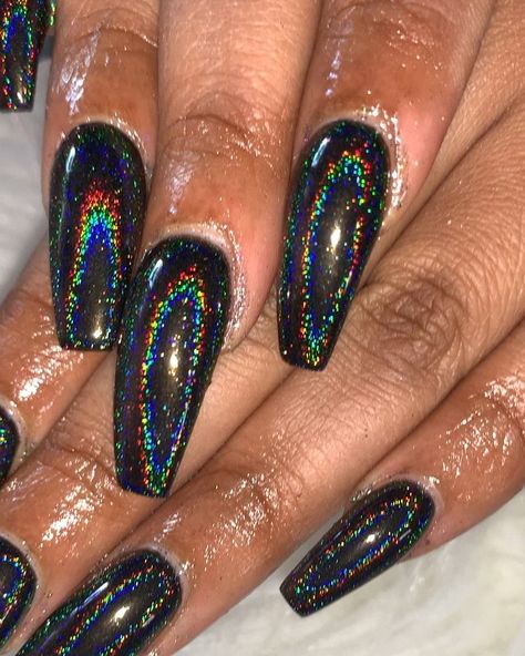 Can’t get over this black chrome 😩😍🖤 #nailsonfleek #nailfie #blingnails #blacknails #chromenails #indy #indynails #blackgirlsdonails… Black Chrome Sparkle Nails, Black Acrylic Nails With Chrome, Black Glitter Chrome Nails, Black Nails With Holographic Glitter, Black Rainbow Chrome Nails, Black Hologram Nails, Iridescent Nails Black, Black Irridescent Nails Acrylic, Black Chrome Nails Square