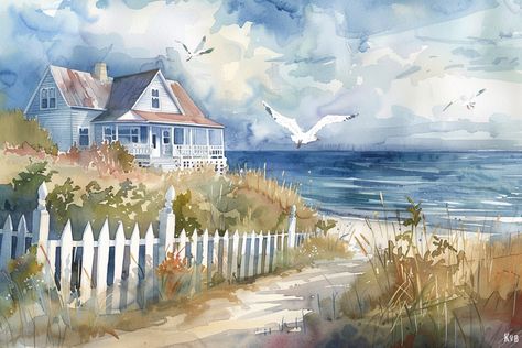 Beach home with Big Porch, watercolor art, oceanside views, beach house, sandy beach, white picket fence,seagulls,home office decor,wall art by WatchtowerWatercolor on Etsy Beach House Painting, Beach View House, Big Porch, Urban Painting, White Picket Fence, Street Scenes, House Painting, Art Classes, Mother Nature