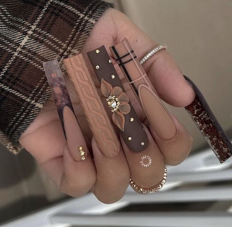 Long Nails Flower Design, Scorpio Nails Acrylic Long, Neutral Medium Nails, Fall Nail Designs Short Almond Shape, November Nails Plaid, Fall Nails Orange And Brown, Long Coffin Fall Nail Designs, Champagne Rhinestone Nails, Fall Long Acrylic Nail Designs