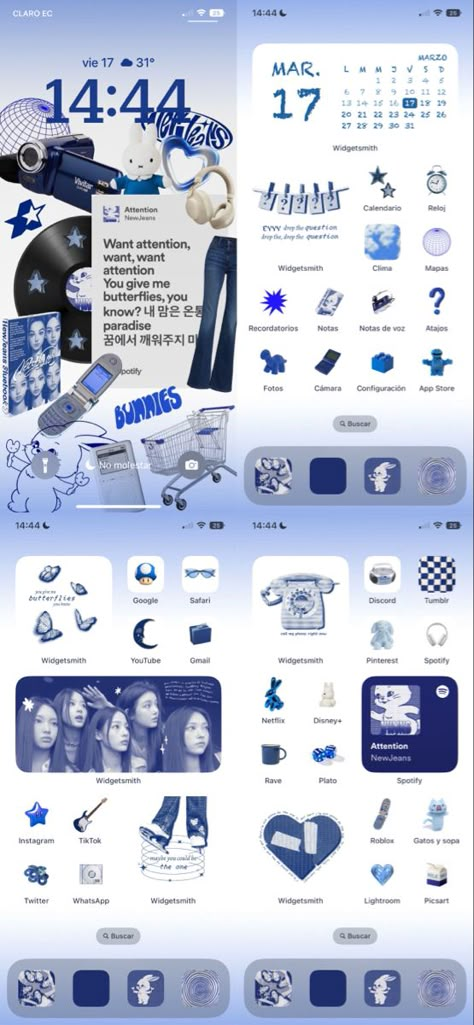 Newjeans Aesthetic Homescreen, Homescreen Layout New Jeans, Blue New Jeans Kpop, New Jeans Theme Wallpaper, Newjeans Inspired Wallpaper, Blue Homescreen Layout Ideas, New Jeans Wallpaper Phone, Newjeans Ios 16, Newjeans Themed Phone