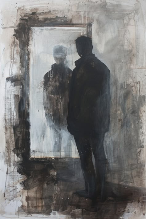 Different Reflection In Mirror, Standing In Mirror Drawing, Painting Ideas Dark Art, Standing In Front Of Mirror Drawing, Man Standing In Front Of Mirror, Dark Oil Paintings Aesthetic, Man Painting Aesthetic, Dark Painting Wallpaper, Paranoia Painting