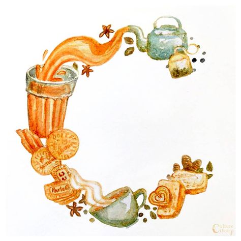 Chai / Tea art, Chai tea latte, masala chai, parle G, Indian chai, watercolor art, food art Chai Illustration Indian, Chai Drawings, Chai Doodle, Chai Illustration, Watercolor Art Food, Chai Painting, Chai Art, Parle G, Indian Chai