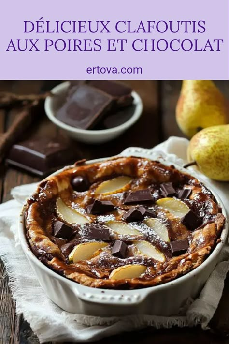 Découvrez notre recette irrésistible de clafoutis moelleux aux poires et au chocolat. Parfait pour le dessert, ce gâteau fondant allie la douceur des poires juteuses et la richesse du chocolat noir. C'est un véritable régal qui séduira tous vos invités ! En quelques étapes simples, après avoir mélangé vos ingrédients et versé la pâte sur les fruits, vous obtiendrez un chef-d'œuvre qui fait craquer à chaque bouchée. Délicieux chaud ou froid, ce clafoutis ne manquera pas de surprendre et ravir les papilles. Essayez-le aujourd'hui ! Dessert Aux Fruits, Read More, Biscuits, Caramel, Chef, Fruit, Baking