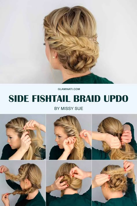 Want to learn how to do a side fishtail braid? You have come to the right place then. Our easy tutorial step by step explains how to get this gorgeous look while the collection of braided hairstyles provides a fair share of inspiration. #glaminati #sidefishtailbraid #updohairstyle #updos How To Braided Hairstyles, Braided Upstyles, Side Fishtail Braid, Braid Updo Tutorial, Fishtail Braid Updo, Fishtail Updo, Fish Tail Side Braid, Sanggul Modern, Updo Braids