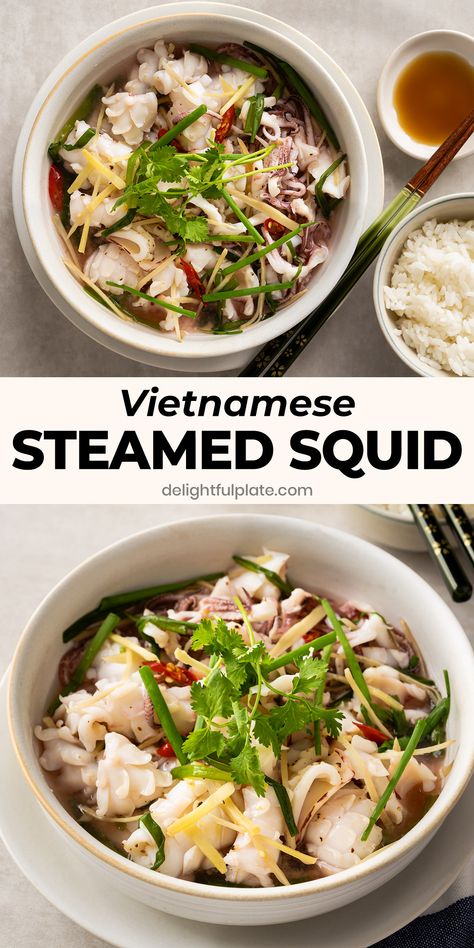 Vietnamese Squid Recipes, Steamed Food, Easy Vietnamese Recipes, Sushi Bowl Recipe, Octopus Recipes, Vietnamese Dishes, Squid Recipes, Calamari Recipes, Cooking Mama