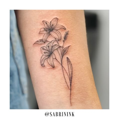 Delicate lilies for Ashlyn ✨ #finelinetattoo #yyctattoos #calgarytattoo #liliestattoo #lilytattoo Christmas Lily Tattoo, Bunch Of Lilies Tattoo, Lily Flower Bouquet Tattoo, Small Tiger Lily Tattoo, Daylily Tattoo, Lilly Tattoo Design, Honeysuckle Tattoo, Stargazer Lilly, Sticker Sketch