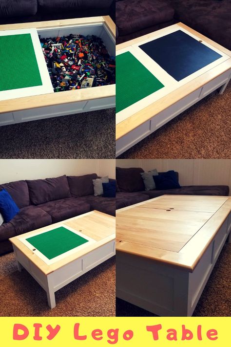 Lego Storage Table Diy, Hidden Lego Table, Diy Lego Table From Coffee Table, Lego Bench Ideas, Coffee Table Toy Storage, Diy Lego Coffee Table, Lego Diy Table, Homemade Lego Table, Lego Coffee Table Diy